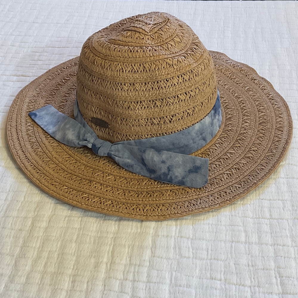 Wide Brim Straw Sun Hat with Blue Tie